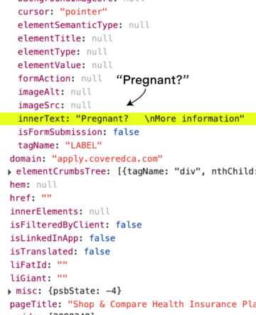 Screenshot highlighting the line of code where coveredca.com shares the respondent’s pregnancy status with LinkedIn